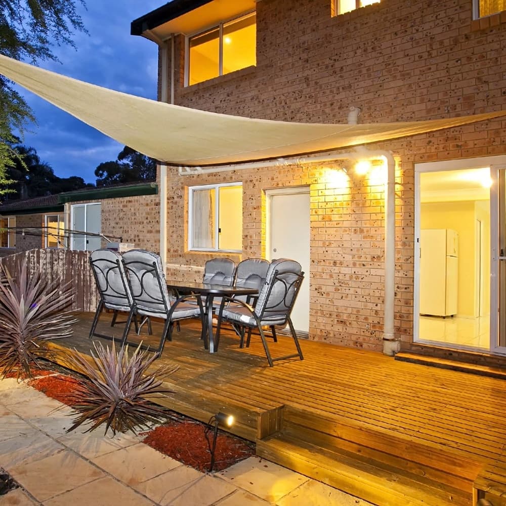 VELA TENDA TRIANGOLARE PARASOLE PROTEZIONE SOLE OMBREGGIATURA GIARDINO 3X3X3MT BEIGE 017019 - 4