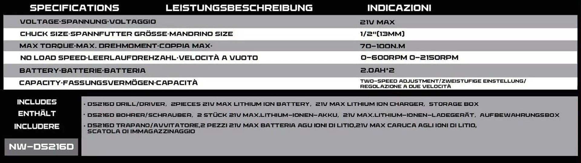 TRAPANO AVVITATORE 2 BATTERIE MAX 21V 2.0Ah CARICABATTERIE E CUSTODIA NW-D5216D - 3