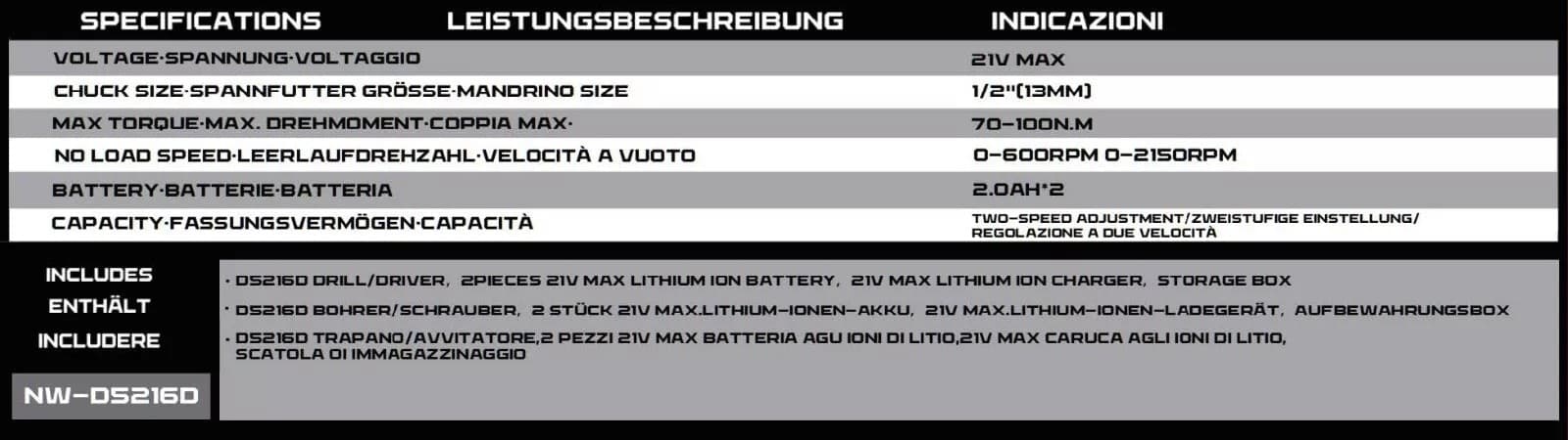 TRAPANO AVVITATORE 2 BATTERIE MAX 21V 2.0Ah CARICABATTERIE E CUSTODIA NW-D5216D - 3