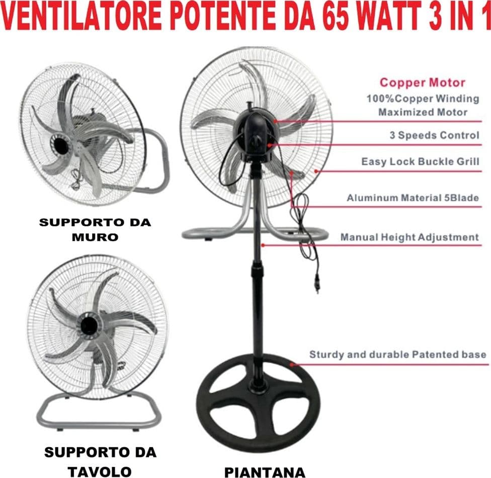 VENTILATORE 3IN1 A PIANTANA TAVOLO MURO 50CM 65 WATT CON 5 PALE 3 VELOCITÀ 6057002ML - 6