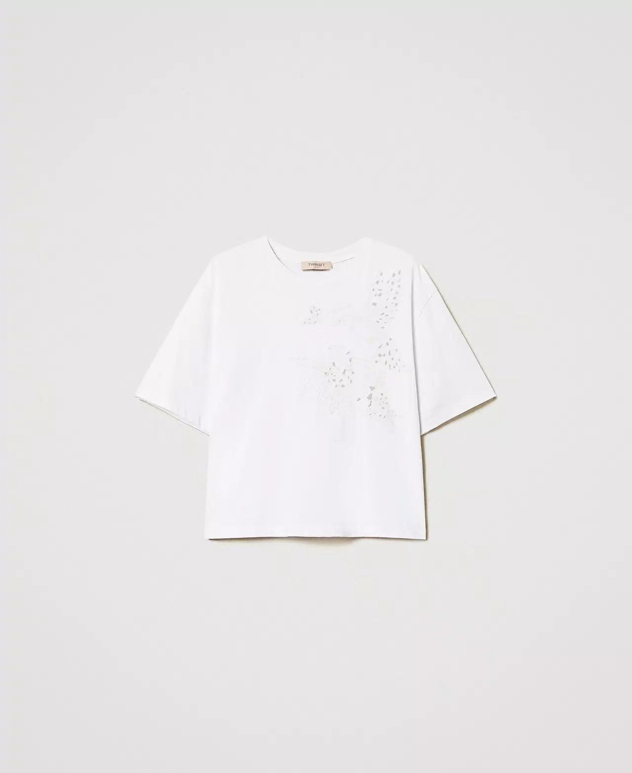 T-shirt Twinset donna in cotone bianco con ricamo ad intarsio e spalle scese davanti