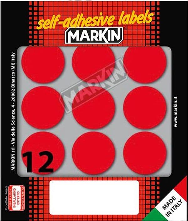 Etichetta adesiva rosso tonda D34mm (10fogli x 12etichette Markin