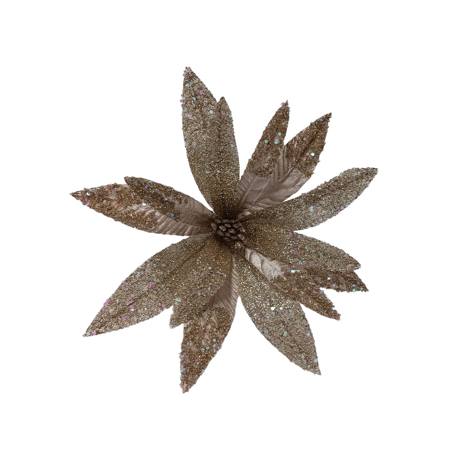 Fiore decorativo natalizio glitterato color champagne per decorazioni e composizioni h 30 cm