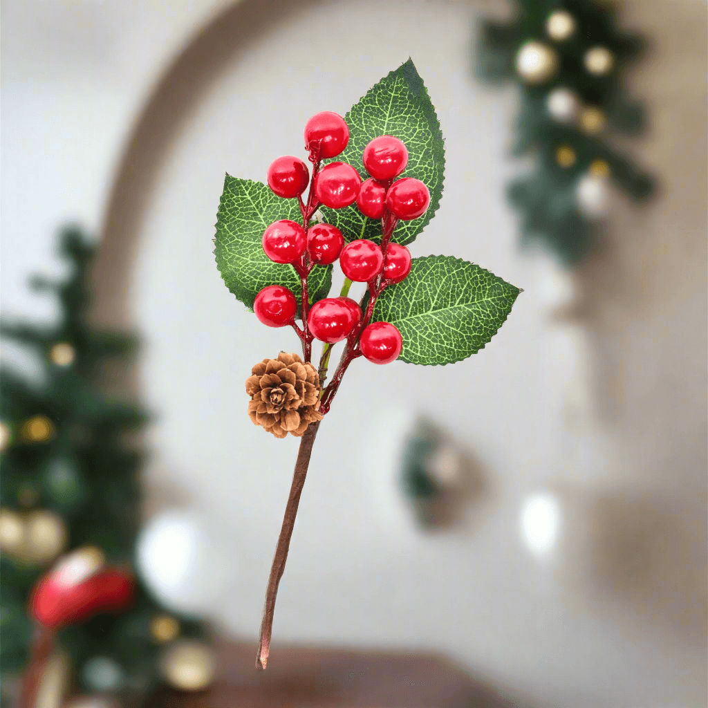 Rametto natalizio con bacche rosse e foglie decorative h 21 cm in Orpelli e festoni MagiediNatale.it - Altamura, commercioVirtuoso.it