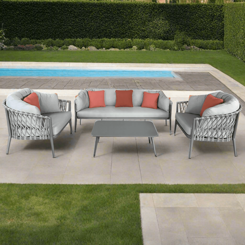 Salottino con cuscini "Bangkok" struttura in alluminio e rivestimento in corda PVC, da giardino e veranda in Set di mobili Decor Space - Altamura, commercioVirtuoso.it