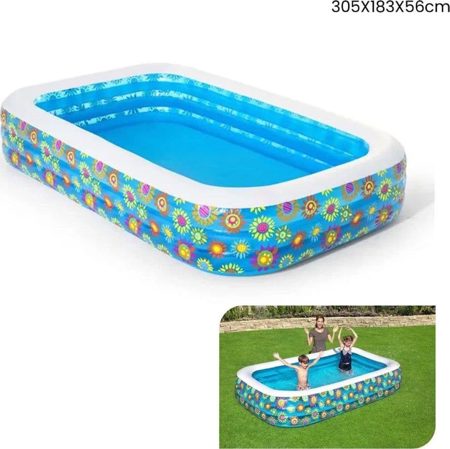 PISCINA GONFIABILE FAMILY RETTANGOLARE A 3 ANELLI DECORO FIORI 305X183X56 CM 54121 - 15