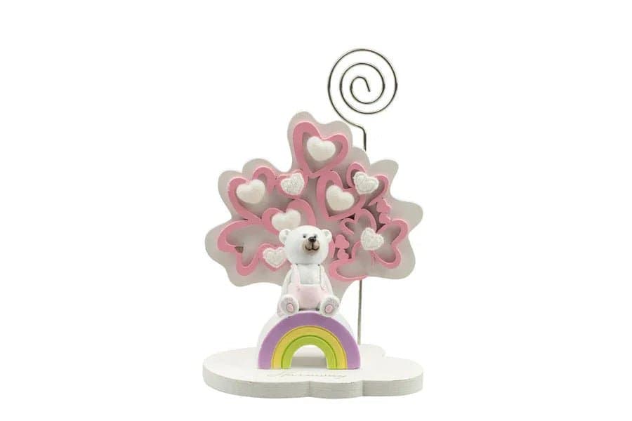 3 Pezzi Portafoto Albero della vita cuori rosa piccolo con orsetta Nascita Bimba - 3