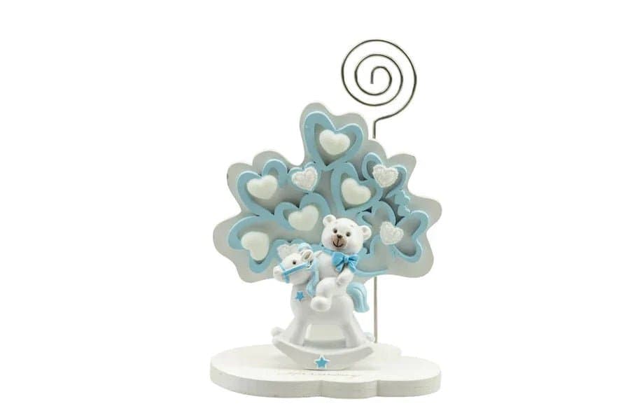 3 Pezzi Portafoto Albero della vita Nascita Bimbo cuori celeste piccolo con orsetto su cavalluccio - 3