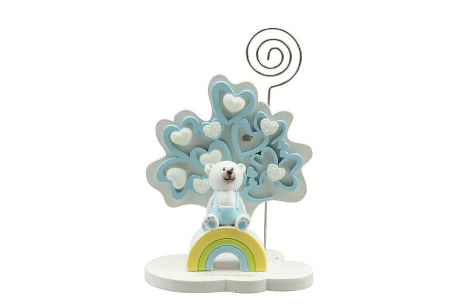 3 Pezzi Portafoto Albero della vita Nascita Bimbo cuori celeste piccolo con orsetto 3d resina su arcobaleno - 3