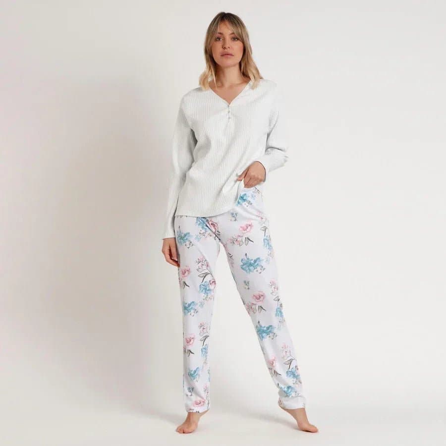 Pigiama Donna Admas Luxury Garden con Pantalone Lungo Floreale e Maglia Serafino - 4