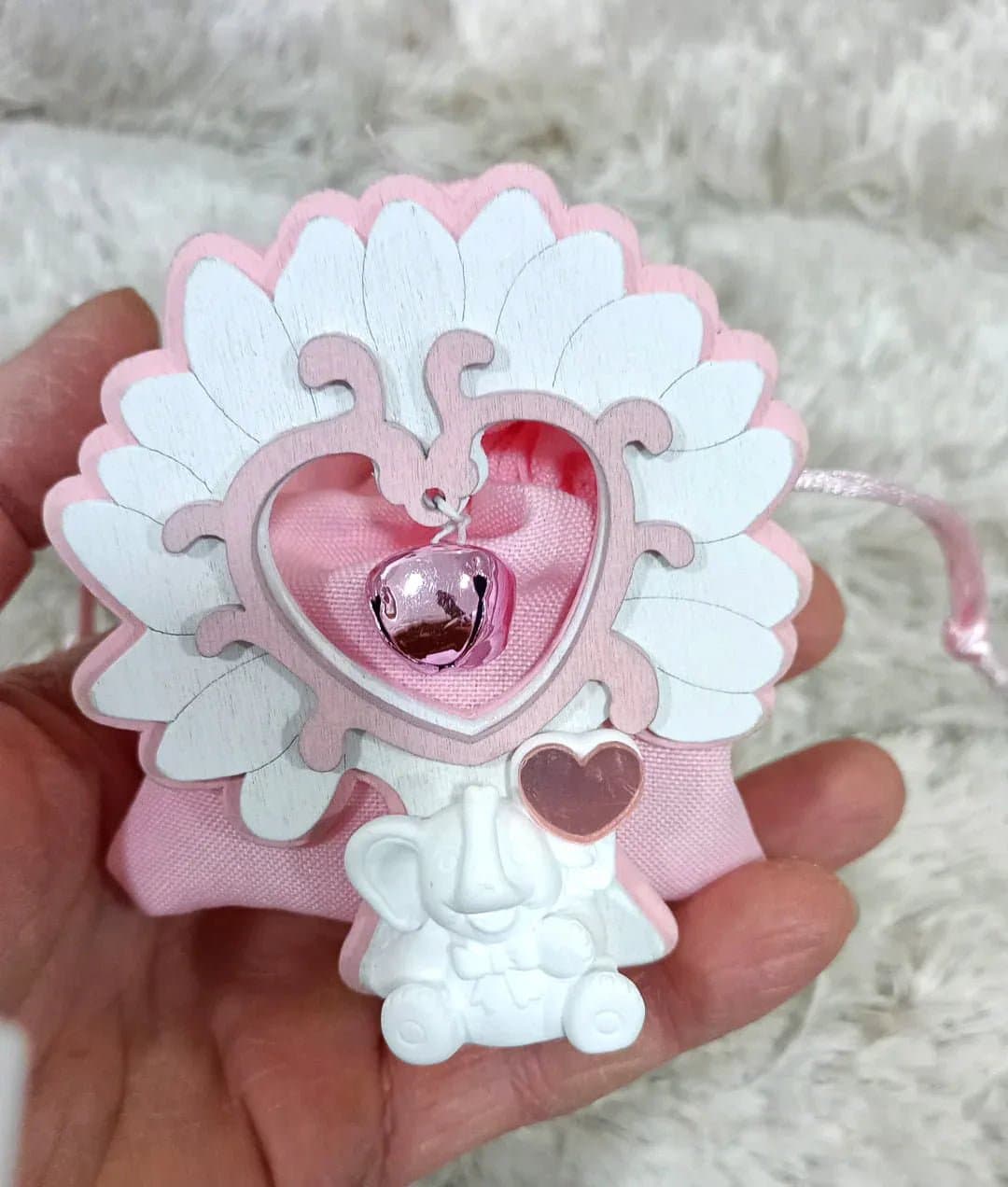 10 Pezzi Scatolina Nascita Bimba legno albero con elefante Rosa - 2