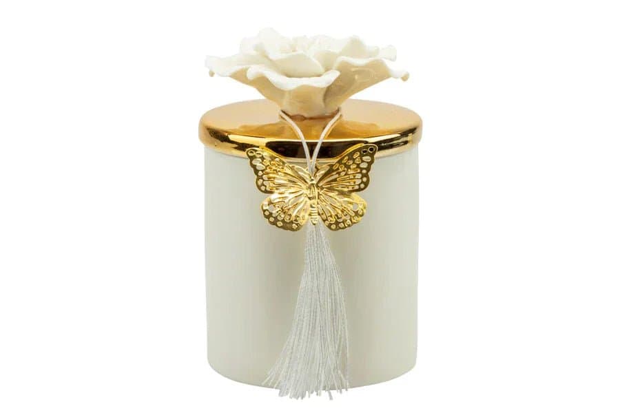 Scatola porcellana bianca media con coperchio oro e fiore bianco con candela profumata Matrimonio - 4