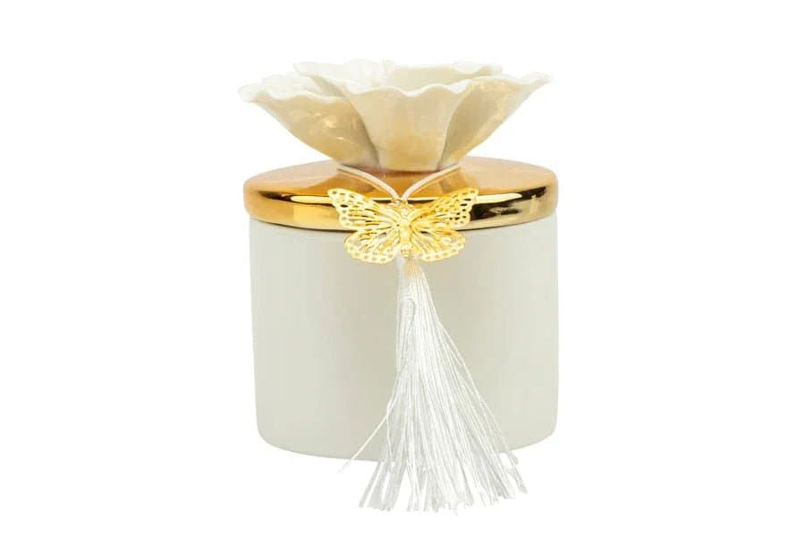 Scatola porcellana bianca piccola con coperchio oro e fiore bianco con candela profumata Matrimonio - 4