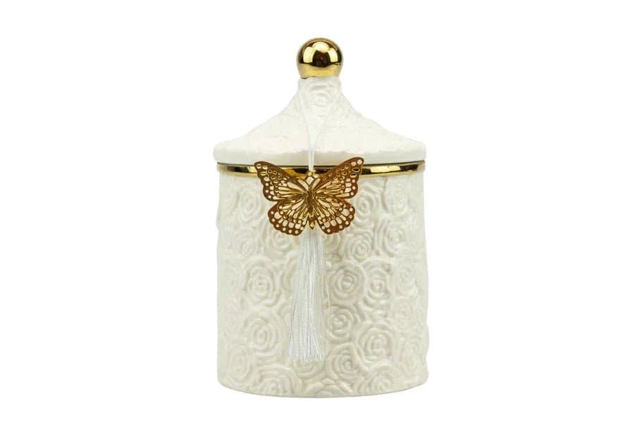 Scatola porcellana bianca grande con decalco rose con candela profumata Matrimonio - 4