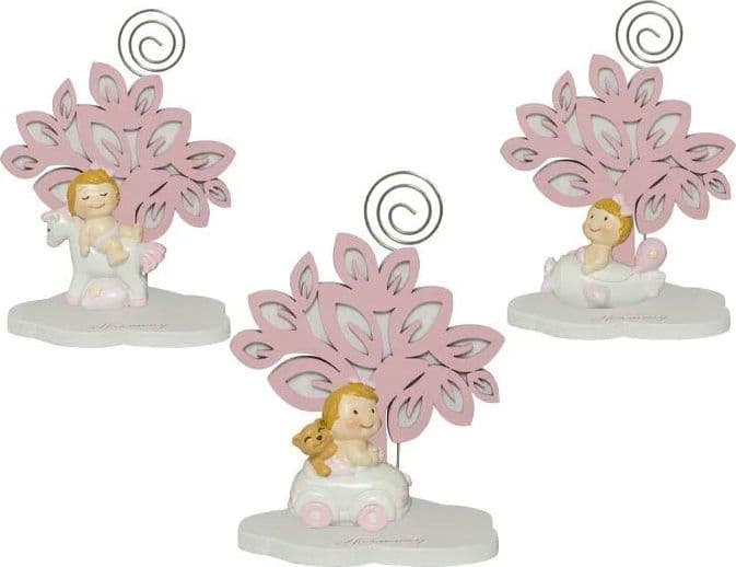 4 Pezzi Bomboniera Nascita Albero Rosa con Bimba 3D e Automezzi - 3