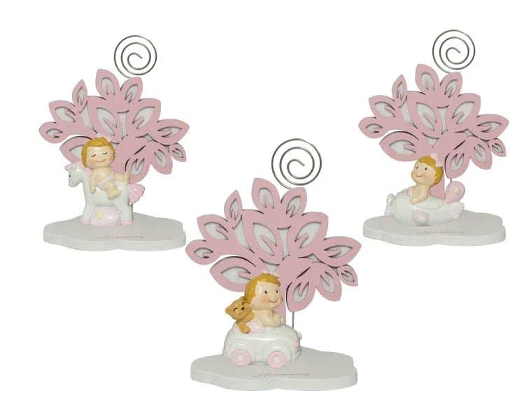 4 Pezzi Bomboniera Nascita Albero Rosa con Bimba 3D e Automezzi - 3