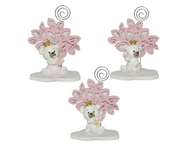 4 Pezzi Bomboniera Nascita Orsetto 3D Rosa con Clip e Bimba Corona - 2