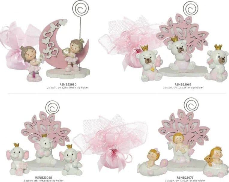 4 Pezzi Bomboniera Nascita Elefante 3D Rosa con Clip e Bimba Corona - 3