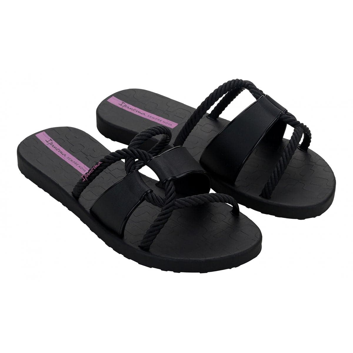 Sandali donna neri Ipanema Diversa Slide con texture nautica e suola decorata lato