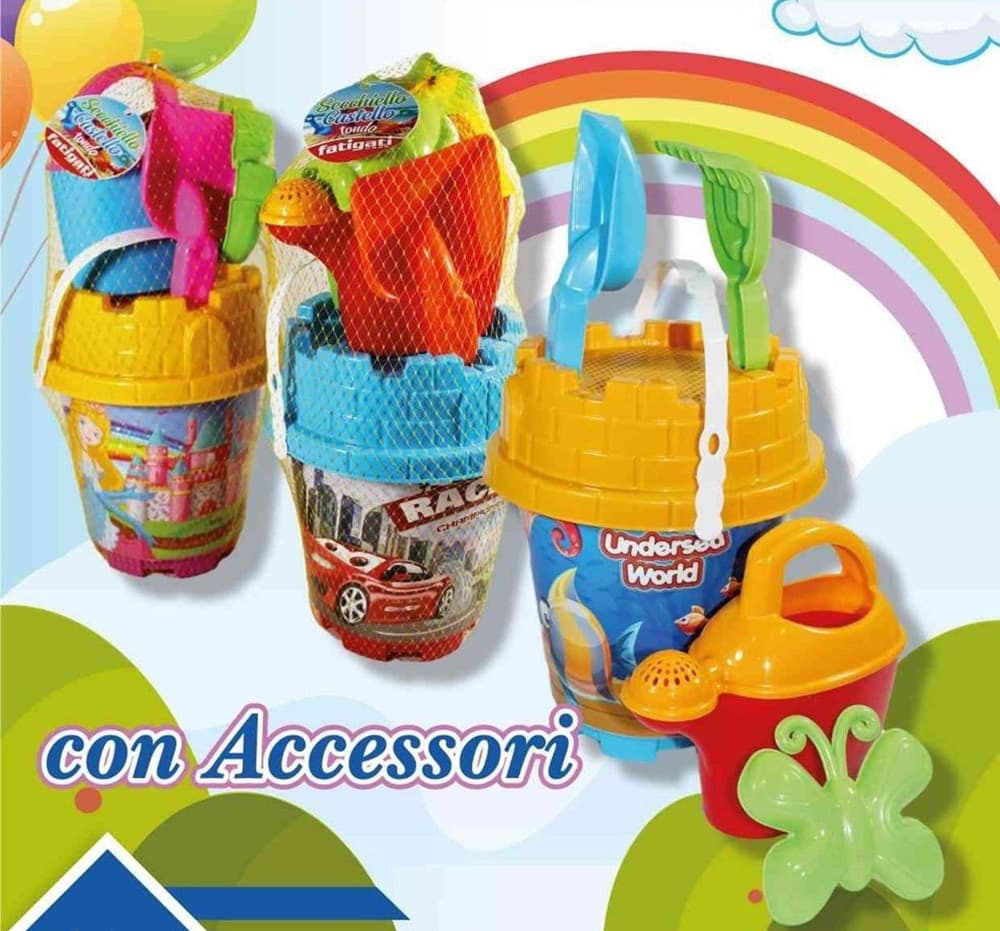 SET SECCHIELLO DA SPIAGGIA VARIE GRAFICHE ASSORTITE CON ACCESSORI MARE TONDO 406678 - 2