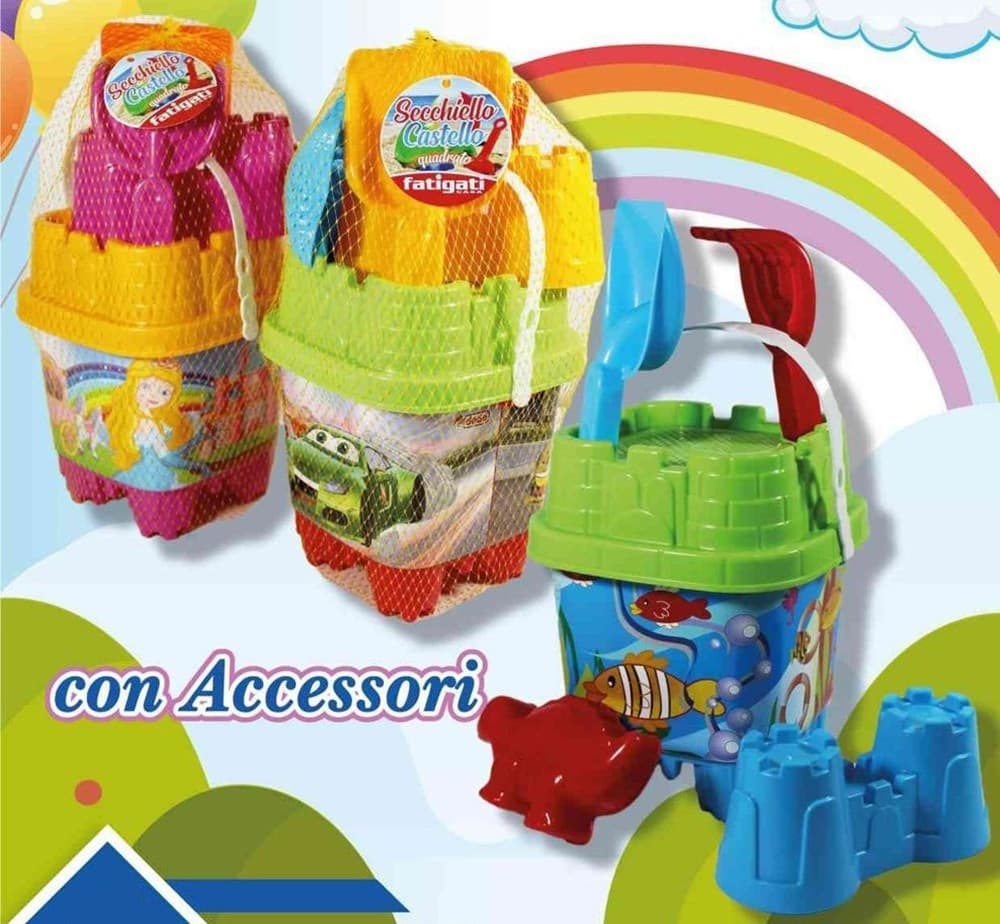 SET SECCHIELLO DA SPIAGGIA VARIE GRAFICHE ASSORTITE CON ACCESSORI MARE QUADRATO 406692 - 3