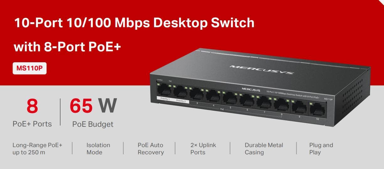 Switch Desktop 10 porte 10/100 PoE+  - Mercusys MS110P