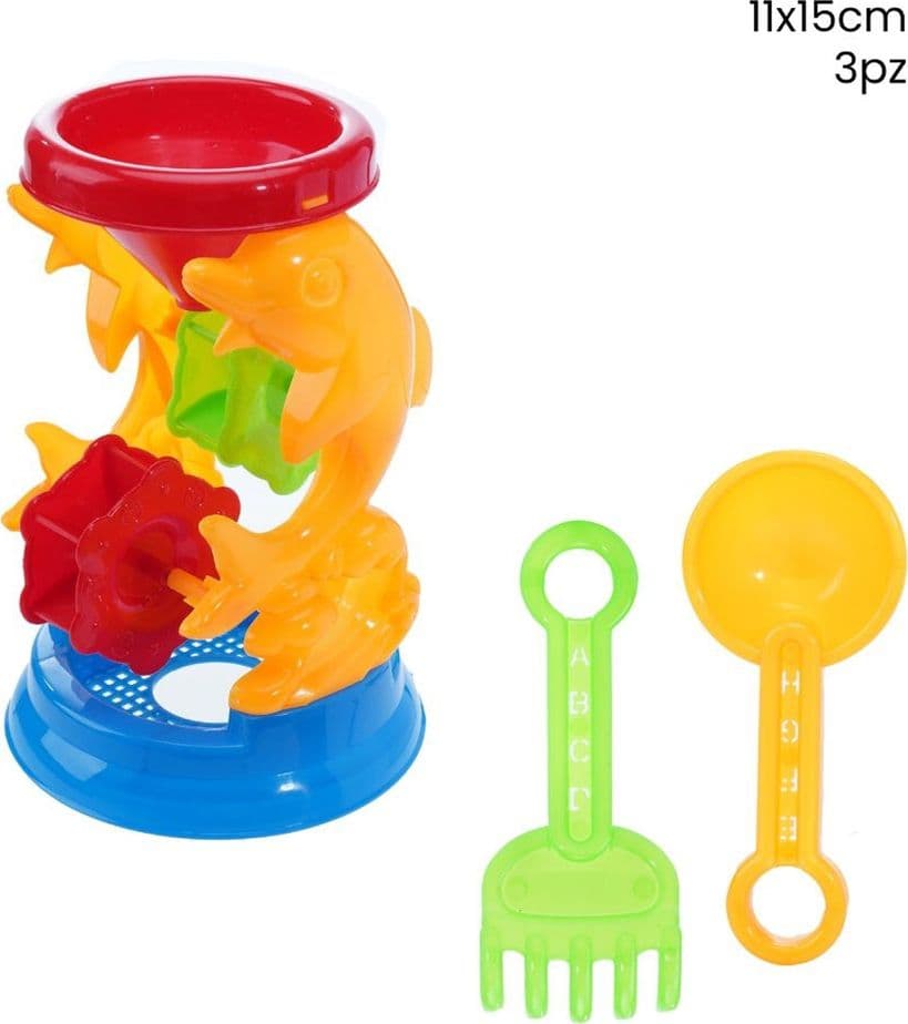 SET 3 PZ GIOCO DA SPIAGGIA MARE CON MULINO A DELFINI PALETTA RASTRELLO 11X15CM 258278 - 2