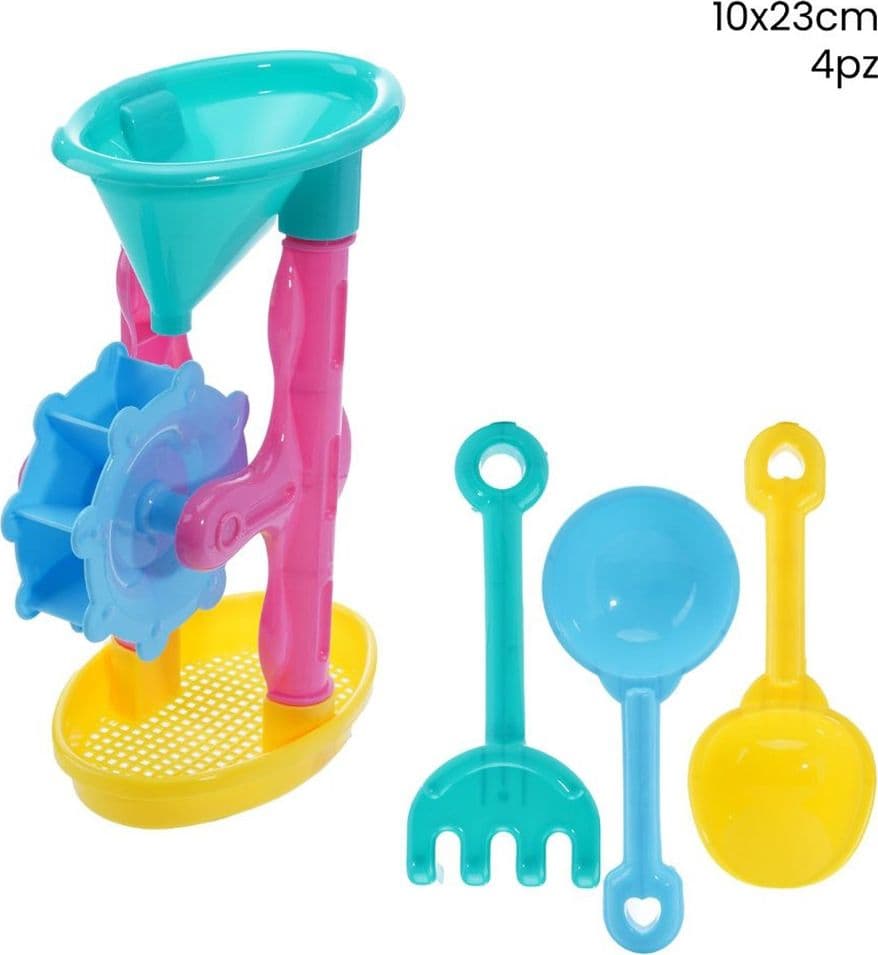 SET GIOCHI DA SPIAGGIA PER BAMBINI 4PZ CON MULINO RASTRELLO PALETTE 10X23CM 258268 - 2