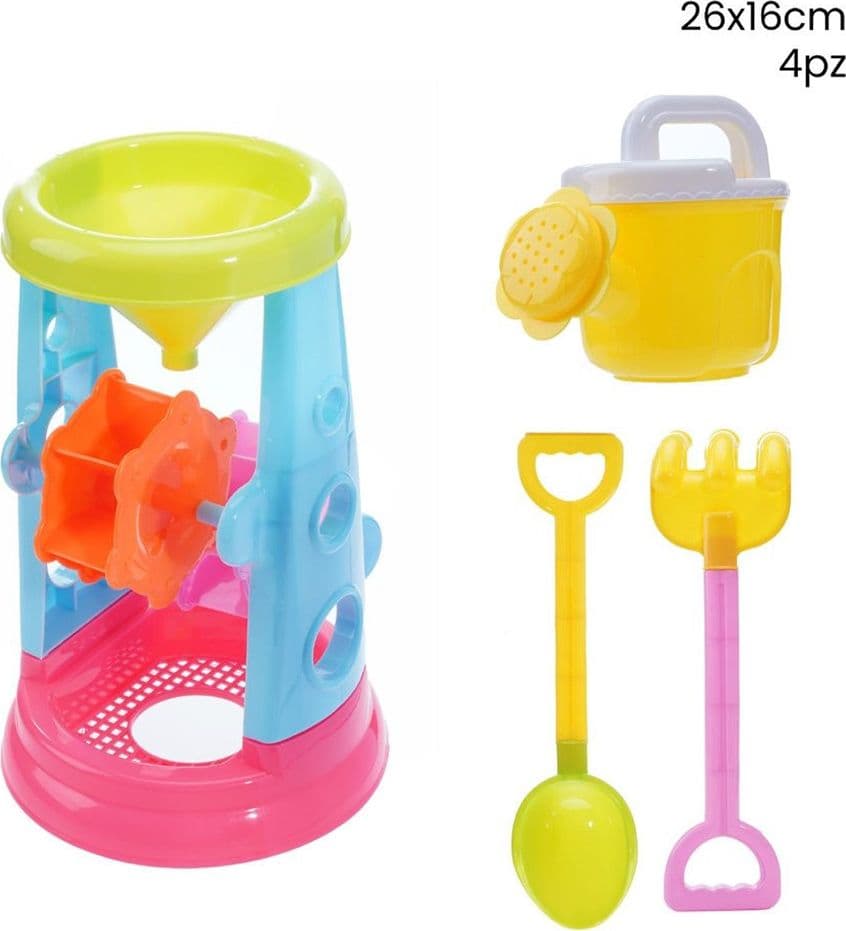 SET 4PZ GIOCO SABBIA SPIAGGIA CON INNAFFIATOIO MULINO PALETTA RASTELLO 26X16CM 258269 - 2