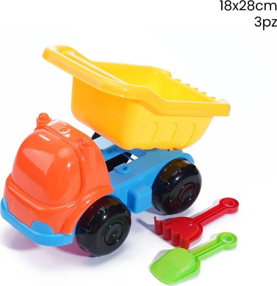 SET SPIAGGIA 3PZ CAMION RIBALTABILE CON PALETTA RASTRELLO GIOCHI BAMBINI 18X28CM 258265 - 2