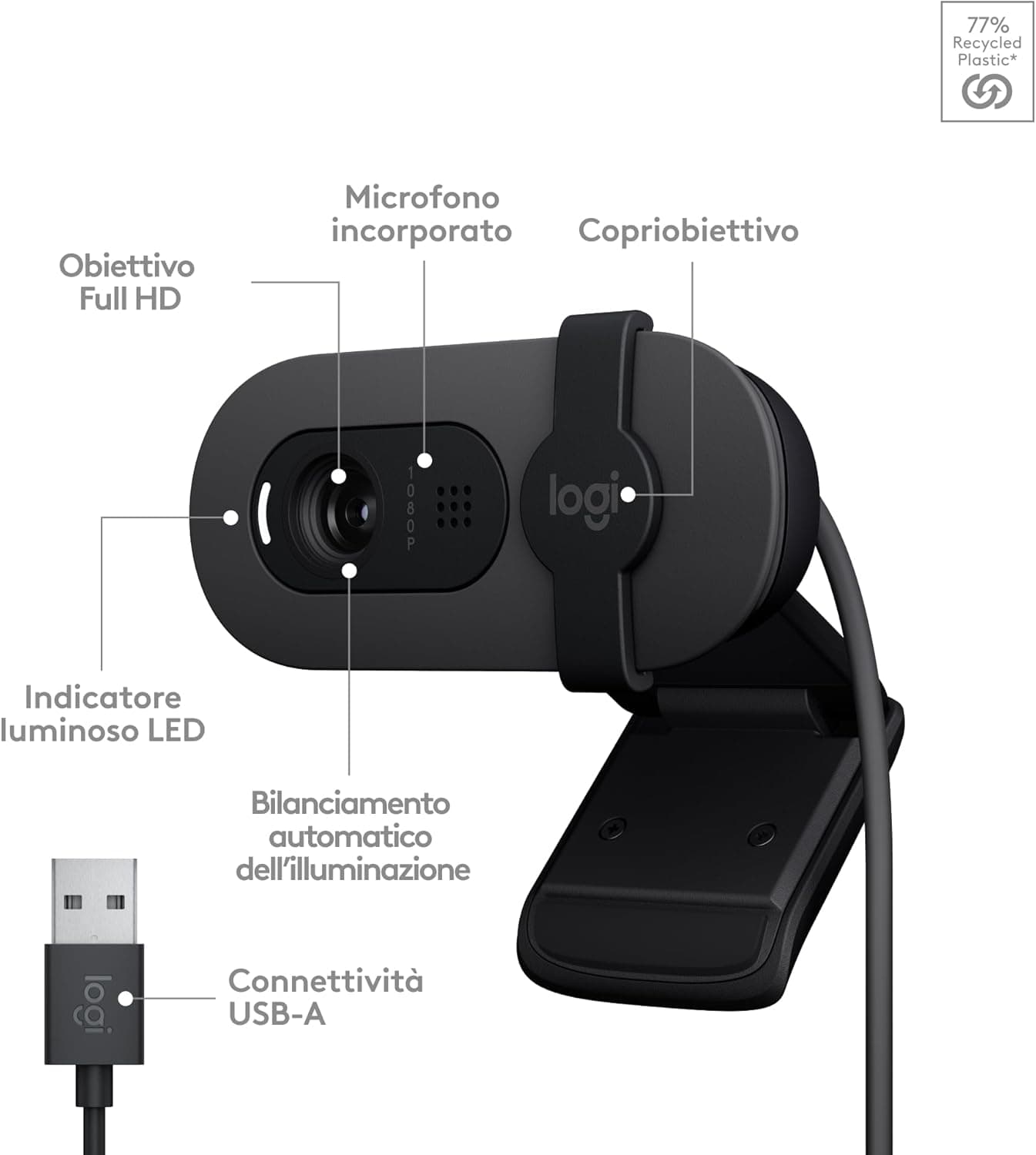 Logitech Brio 100 Full HD 1080p 4" Webcam Grigio - 3