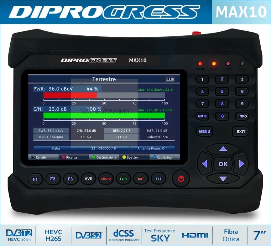 Misuratore di campo DIPROGRESS MAX10 Combo DVB-S2 / DVB-T2 / Fibra H.265 HEVC 10Bit dCSS Certificato SKY