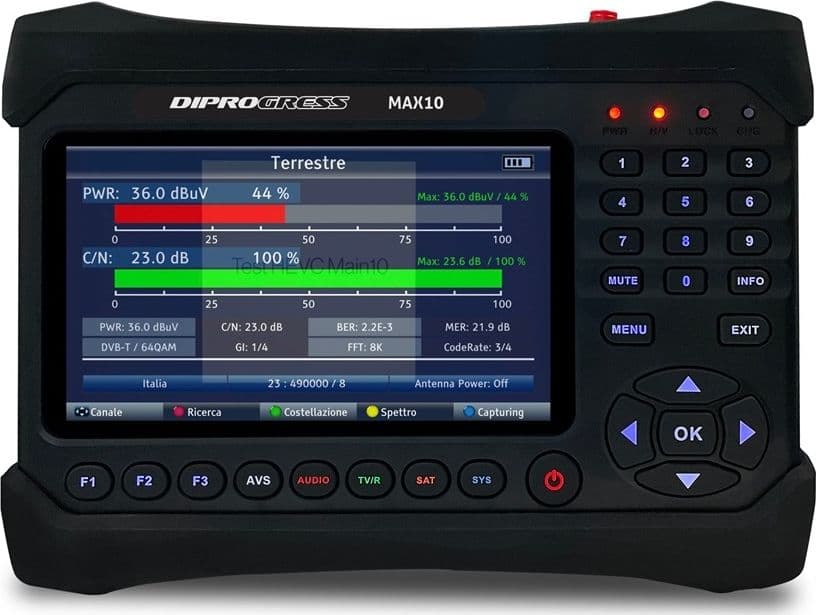 Misuratore di campo DIPROGRESS MAX10 Combo DVB-S2 / DVB-T2 / Fibra H.265 HEVC 10Bit dCSS Certificato SKY - 7