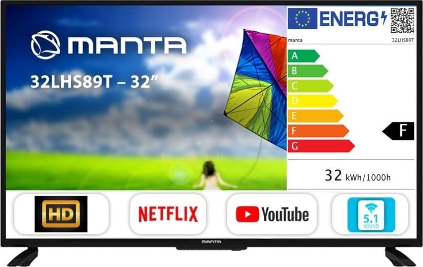 Televisore Smart 32" Pollici HD MANTA 32LHS89T DVB-T2/C H.265/HEVC 10 bit - 8