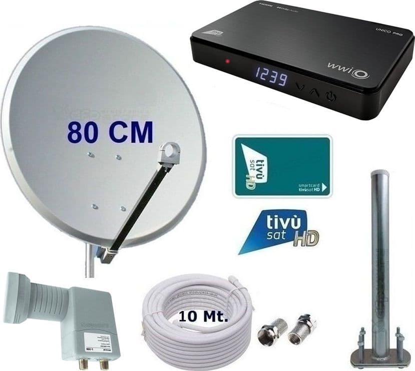 Kit Satellitare 80CM per Tivusat Ufficiale con Decoder WWIO UNICO PRO e LNB 2 Uscite - 2