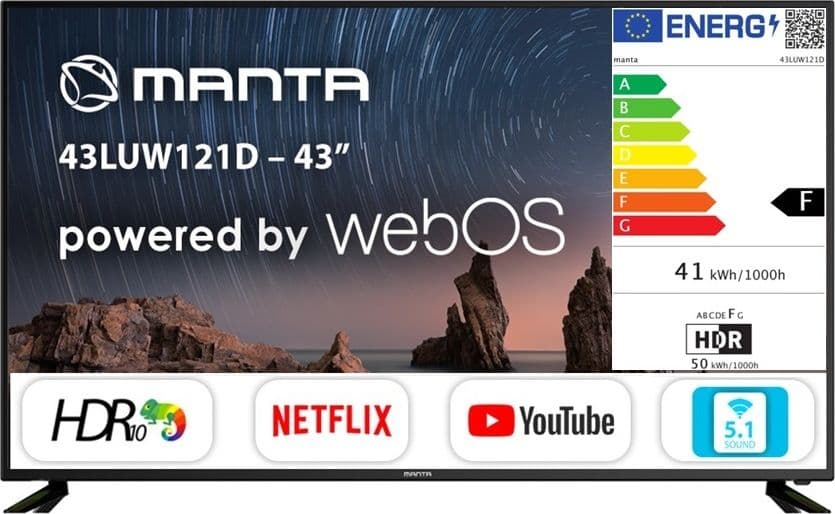 Televisore Smart 43" Pollici 4K MANTA 43LUW121D WebOS DVB-S2/T2/C H.265/HEVC 10 bit - 10