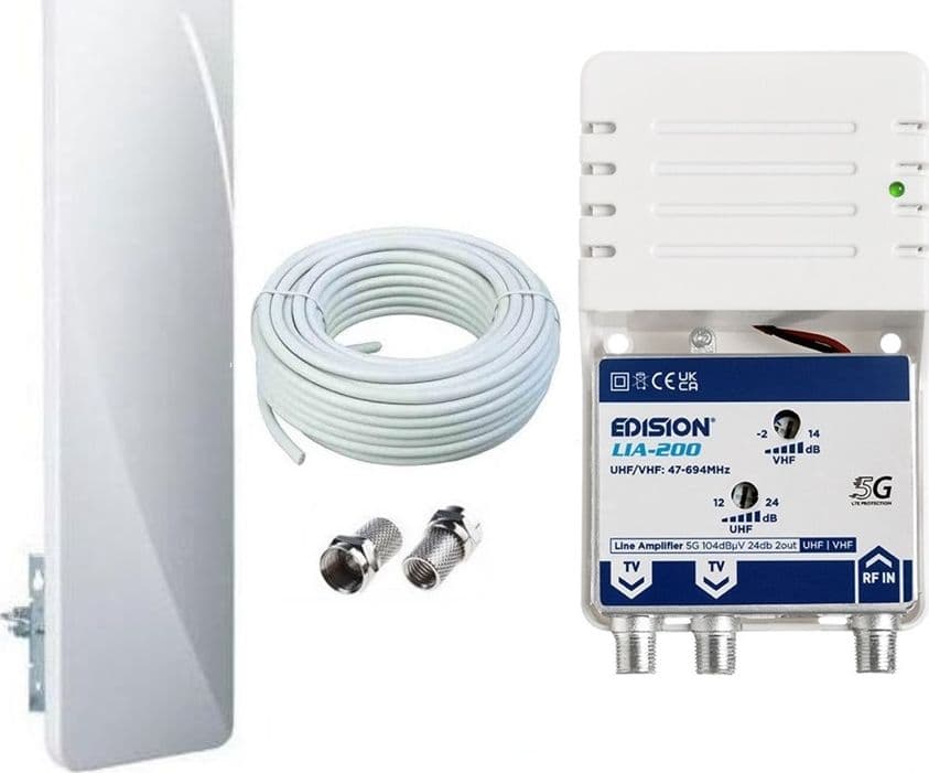 Kit completo Digitale Terrestre Antenna UHF Flat da esterno passiva con Amplificatore Antenna TV di linea da interno 24dB UHF VHF con filtro 5G LTE 1 Ingresso / 2 Uscite - 3