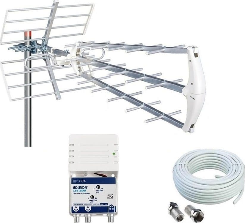 Kit Antenna TV UHF Digitale Terrestre Esterna DVB-T2 Con Amplificatore Da Interno 1 ingresso 2 uscite 24db - 5
