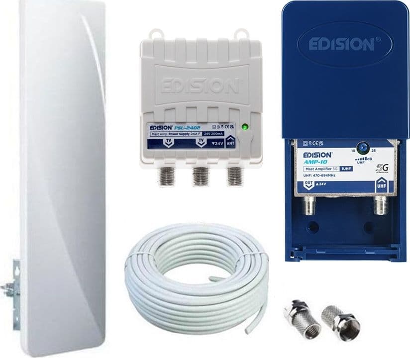 Kit completo Digitale Terrestre Antenna UHF Flat da esterno passiva con Amplificatore da 20DB 1 Ingresso / 2 Uscite - 3