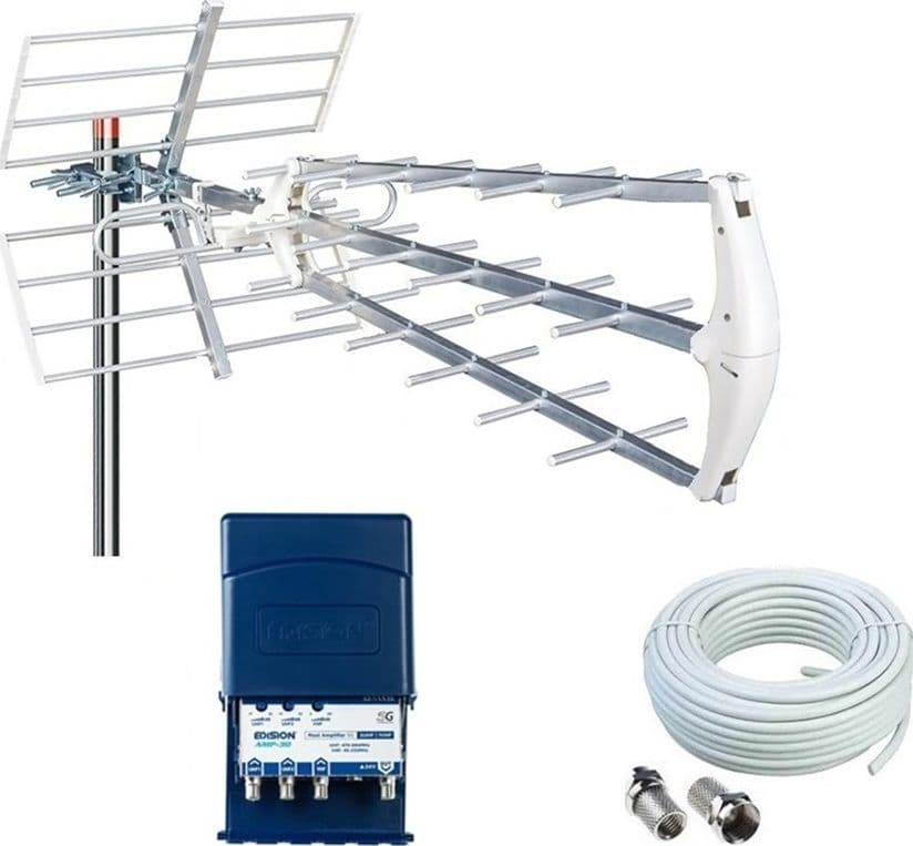 Kit Antenna Tv Digitale Terrestre Da Esterno Ad Alto Guadagno DVB-T2 Completo di Amplificatore di Segnale da Palo da 32dB - 5