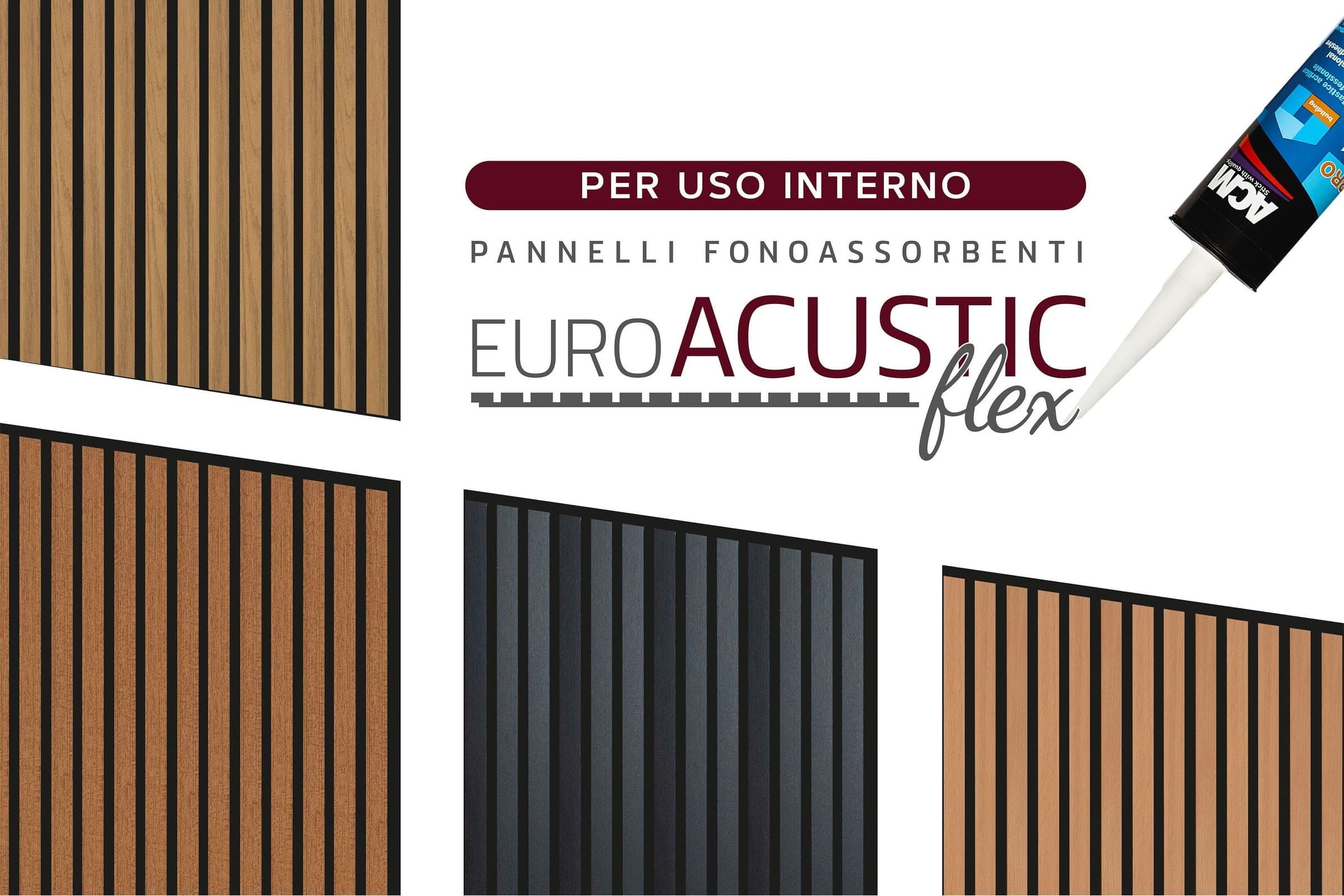 Pannello ACUSTICO Euroacustic Flex (1,65mq) a Lamelli in FIBRA DI LEGNO + feltro mis. 9x600x2750mm varie Texture - Eternal Parquet