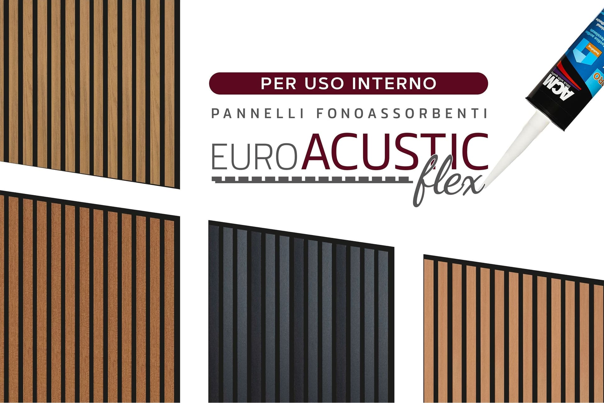 Pannello ACUSTICO Euroacustic Flex (1,65mq) a Lamelli in FIBRA DI LEGNO + feltro mis. 9x600x2750mm varie Texture - Eternal Parquet