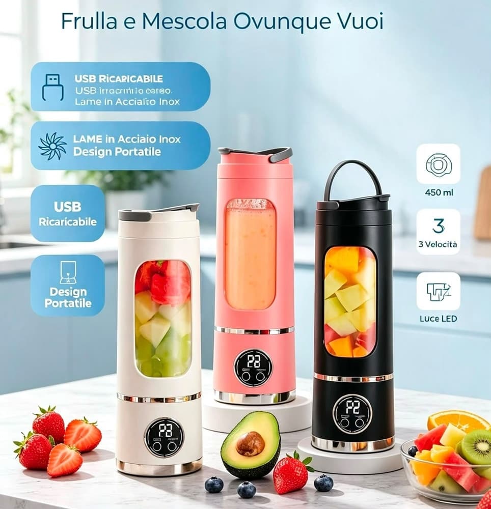 MINI FRULLATORE PORTATILE SPREMIAGRUMI ELETTRICO FRUTTA MIXER 450ML RICARICABILE USB - 9