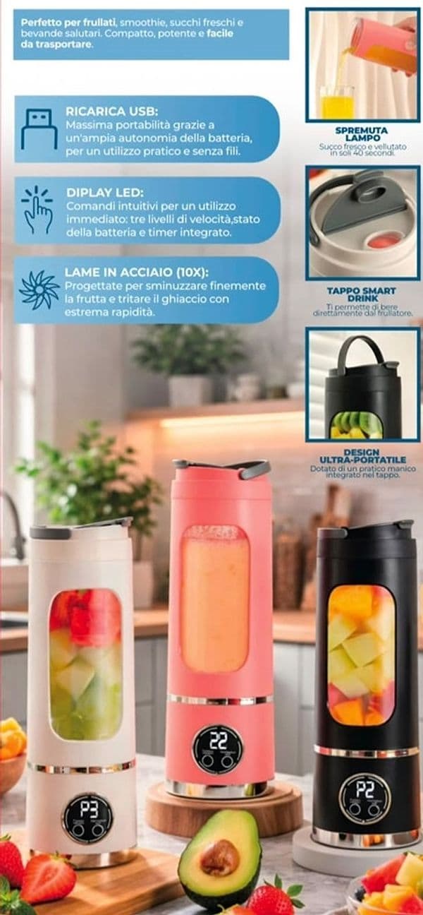 MINI FRULLATORE PORTATILE SPREMIAGRUMI ELETTRICO FRUTTA MIXER 450ML RICARICABILE USB - 10