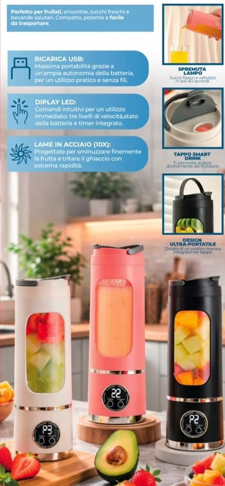 MINI FRULLATORE PORTATILE SPREMIAGRUMI ELETTRICO FRUTTA MIXER 450ML RICARICABILE USB - 10