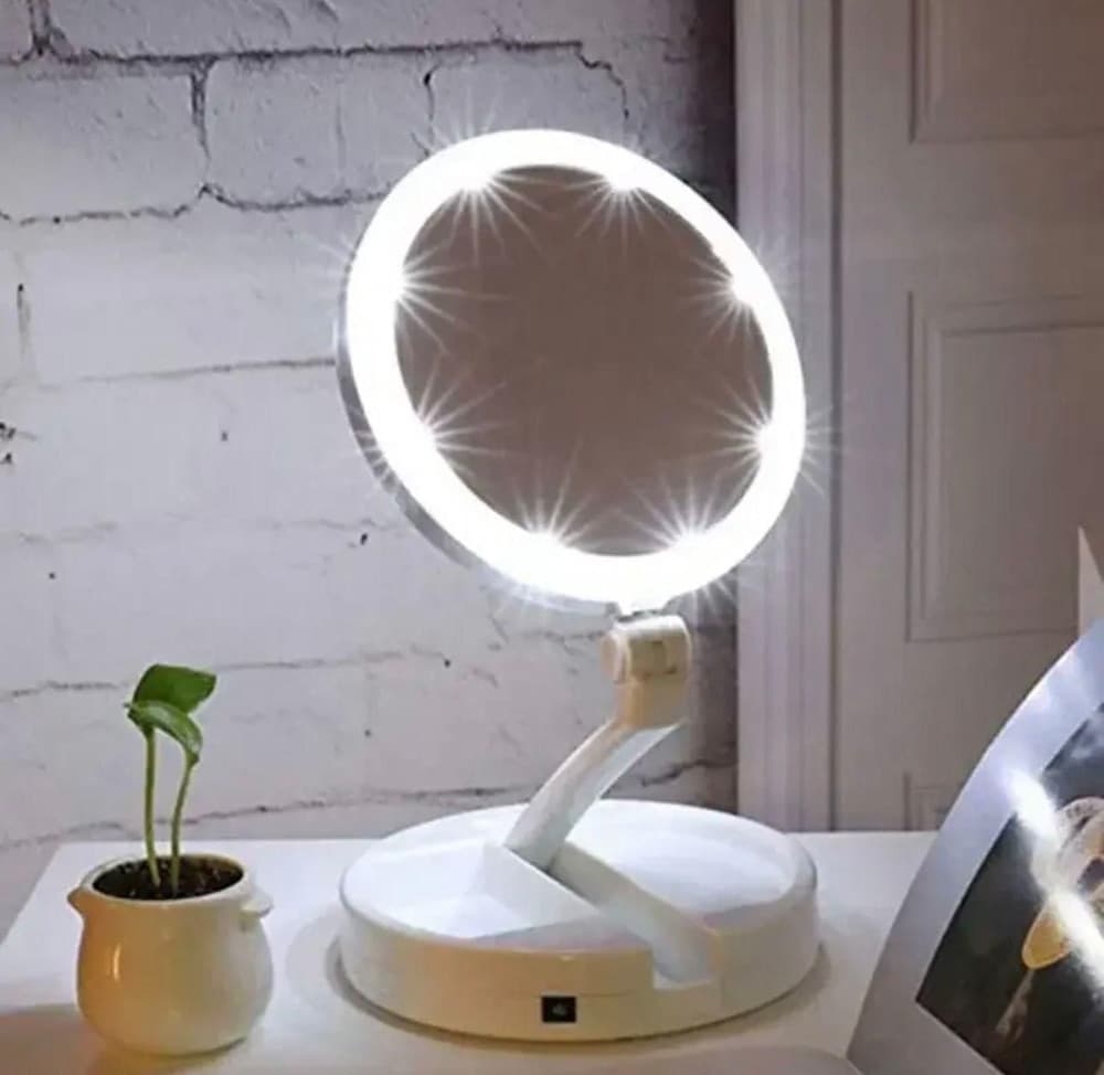 SPECCHIO TRUCCO LUCE LED DA TAVOLO BIFACCIALE 10X/1X 360° CONTENITORE PORTATILE PIEGHEVOLE - 7