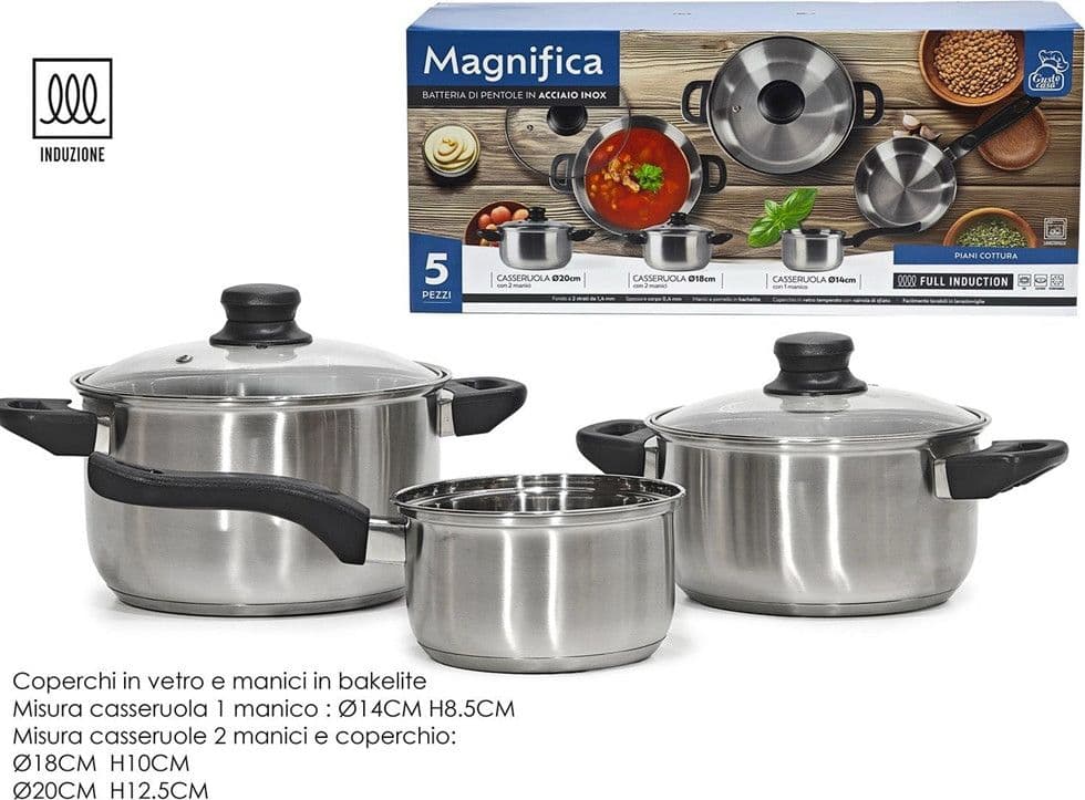 BATTERIA DI PENTOLE 5 PEZZI CUCINA MAGNIFICA IN ACCIAIO INOX CON FONDO FULL INDUCTION - 2
