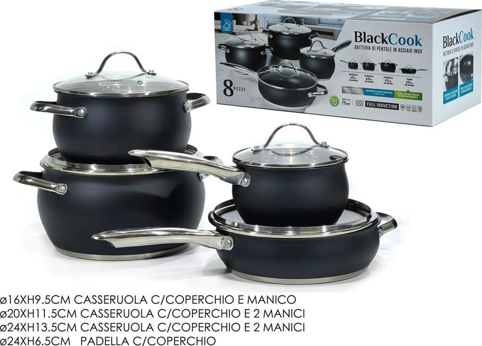 SET BATTERIA DI PENTOLE CON COPERCHI 8 PEZZI IN ACCIAIO INOX LINEA BLACKCOOK CUCINA - 6