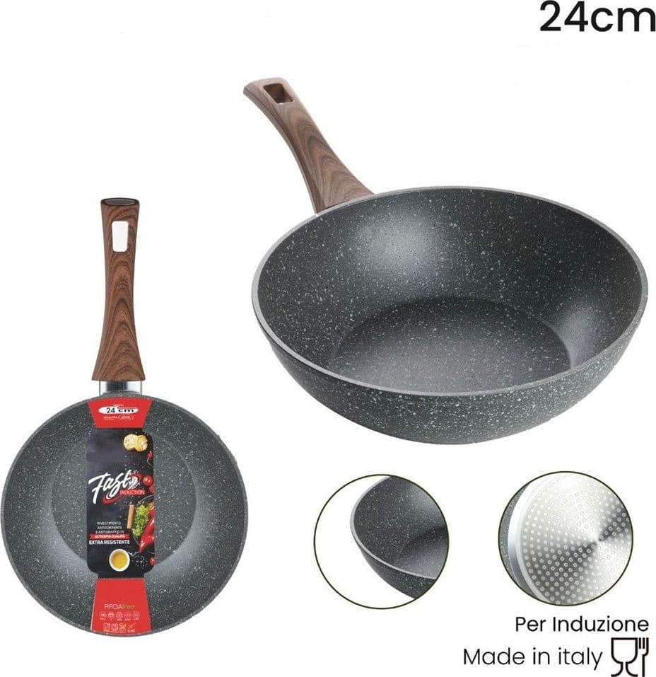 WOK PADELLA RIVESTIMENTO ANTIADERENTE ANTIGRAFFIO PER INDUZIONE MANICO LEGNO Ø24CM 043082M - 2