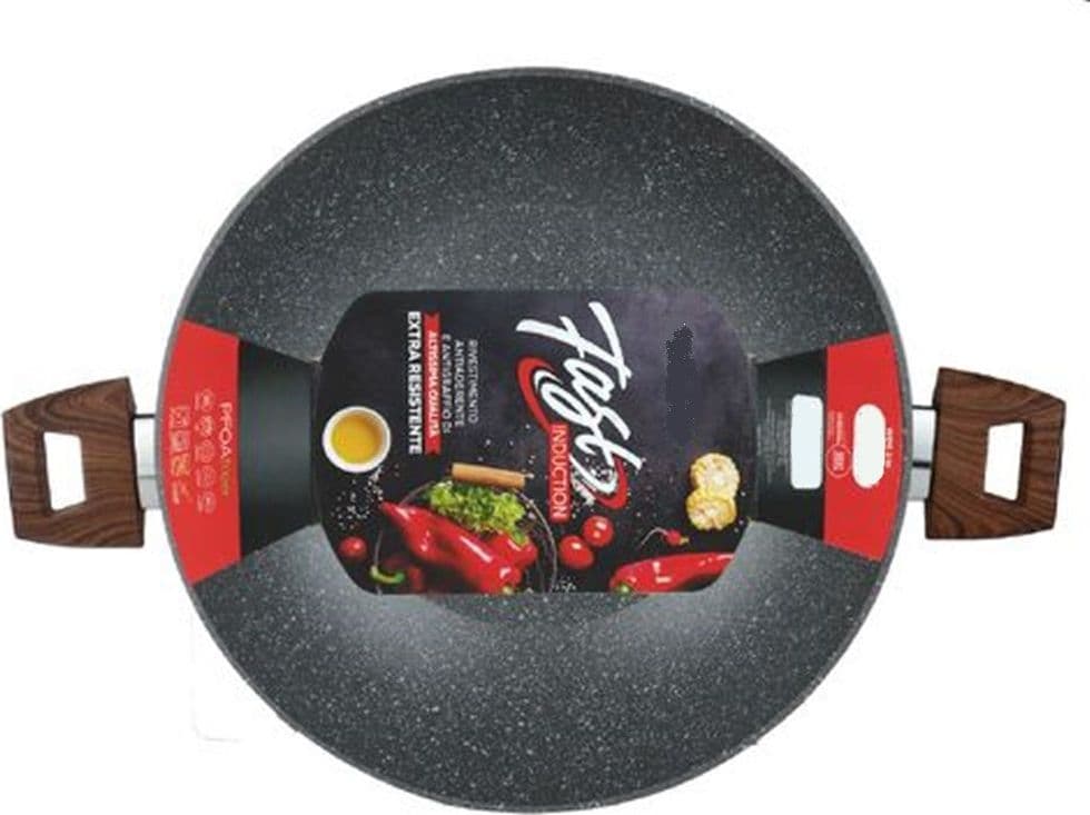 WOK RIVESTIMENTO ANTIADERENTE ANTIGRAFFIO PER INDUZIONE CON 2 MANICI LEGNO Ø24-28-32CM - 6